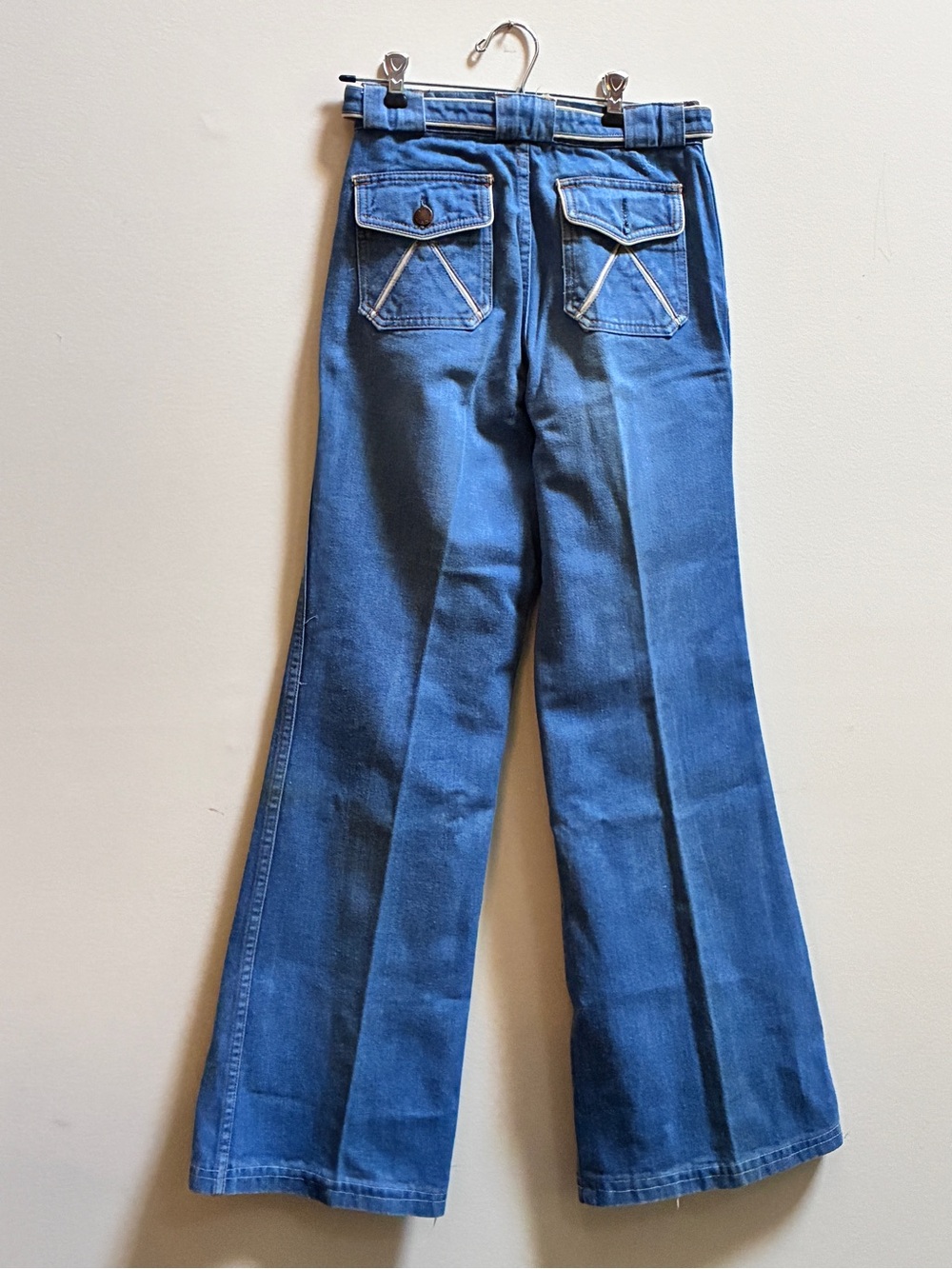Vintage 1970s L’Avion Bell Bottomed, Belted Blue Jeans